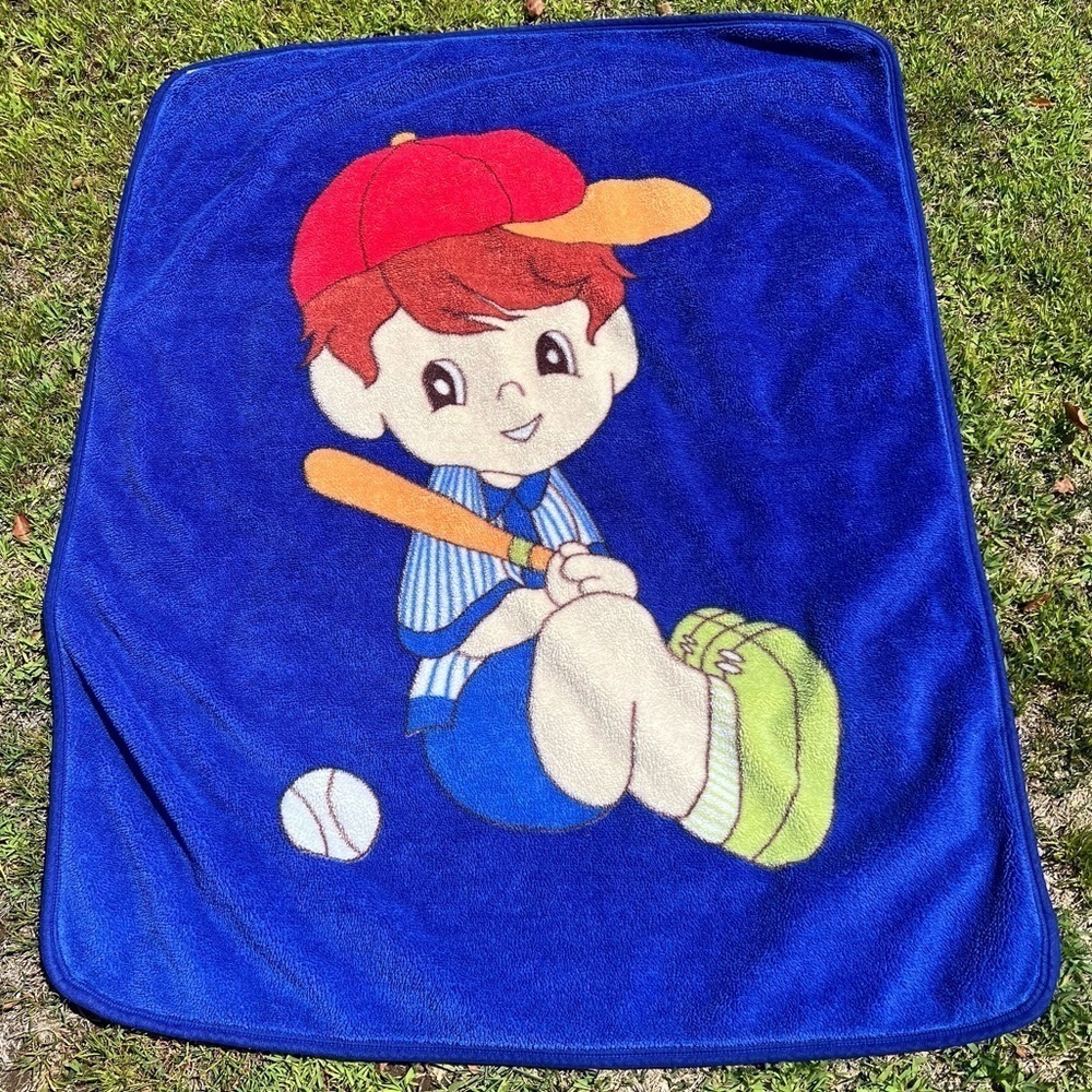 VTG Baby Blanket Baseball Boy Kawaii Precious Memories Style Fuzzy Blue 43x55